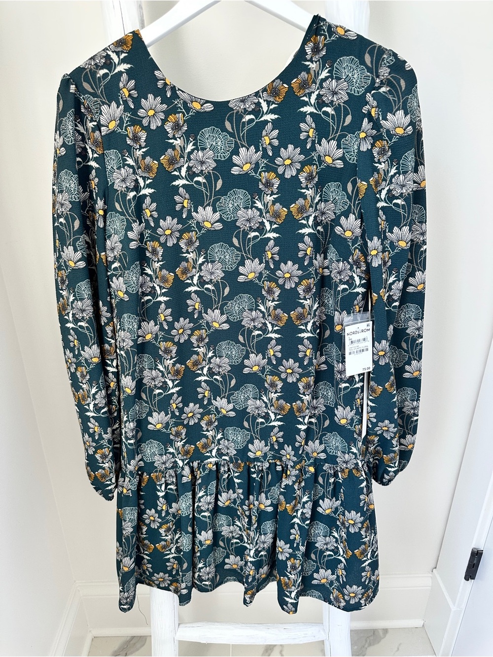 Caslon Teal Floral Print Long-Sleeve Ruffle-Hem Drop Waist Dress Size Large - Picture 3 of 13
